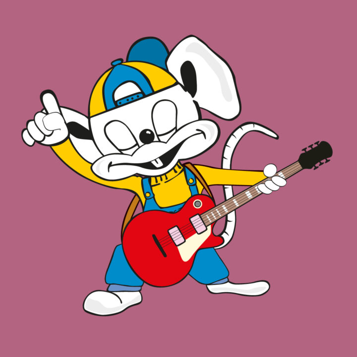 Musen Kulius rockar med en gitarr