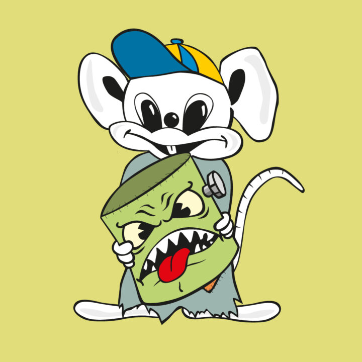 Musen Kulius har tagit av sin en läskig zombiedräkt och skrattar bakom masken.